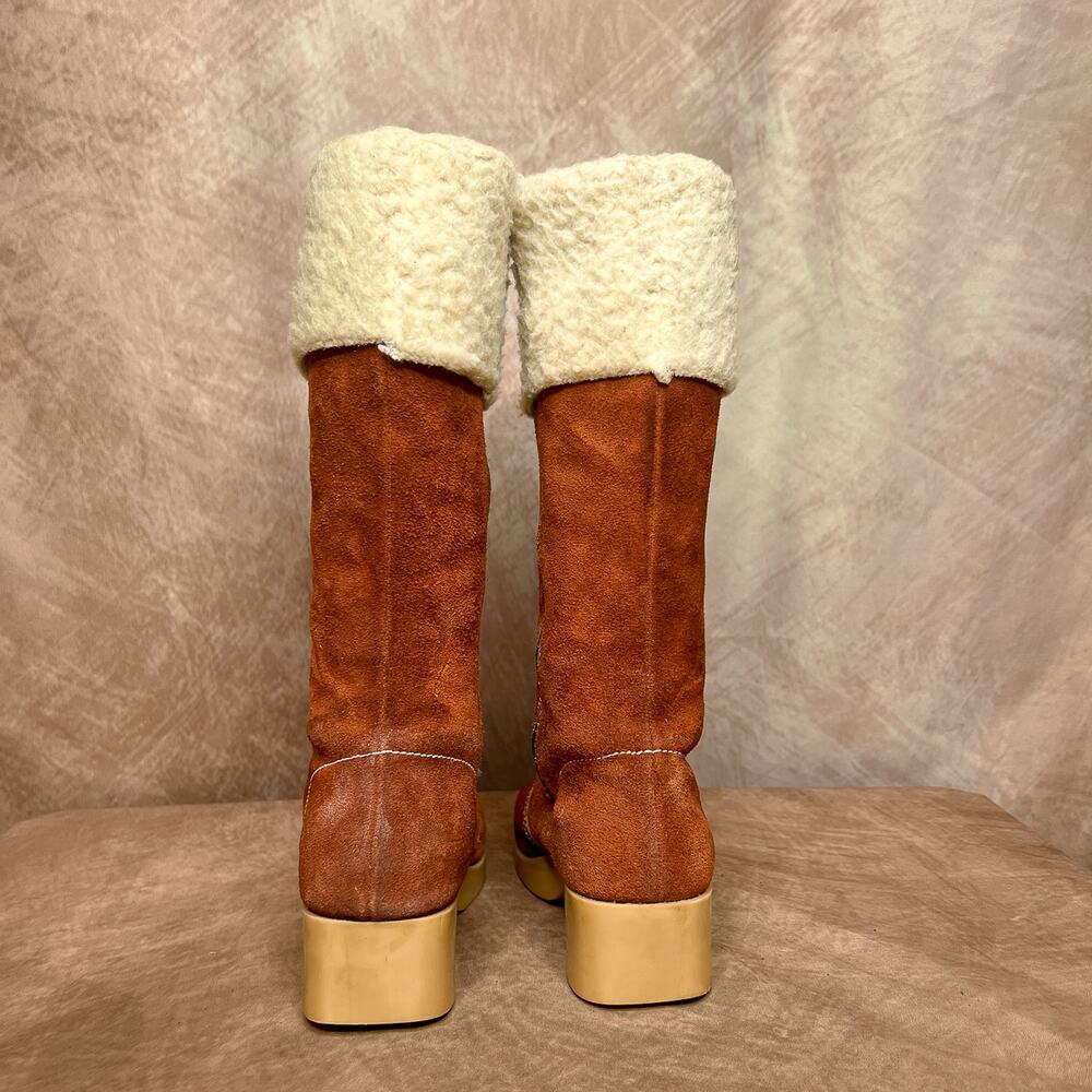 Vintage 60s Suede Leather Sherpa Lined Boots Calf High Lug Sole Tread Women's 4M - Picture 4 of 10